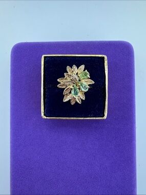 💛 Vintage Gold Plated Floral Green Uranium Glass Ring | Cocktail Statement Boho